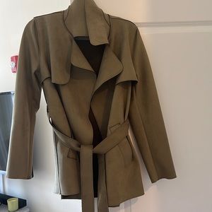 Suede army green wrap coat with pockets